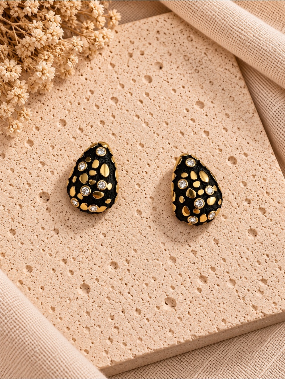 Black and Gold Teardrop Crystal Stud Earrings